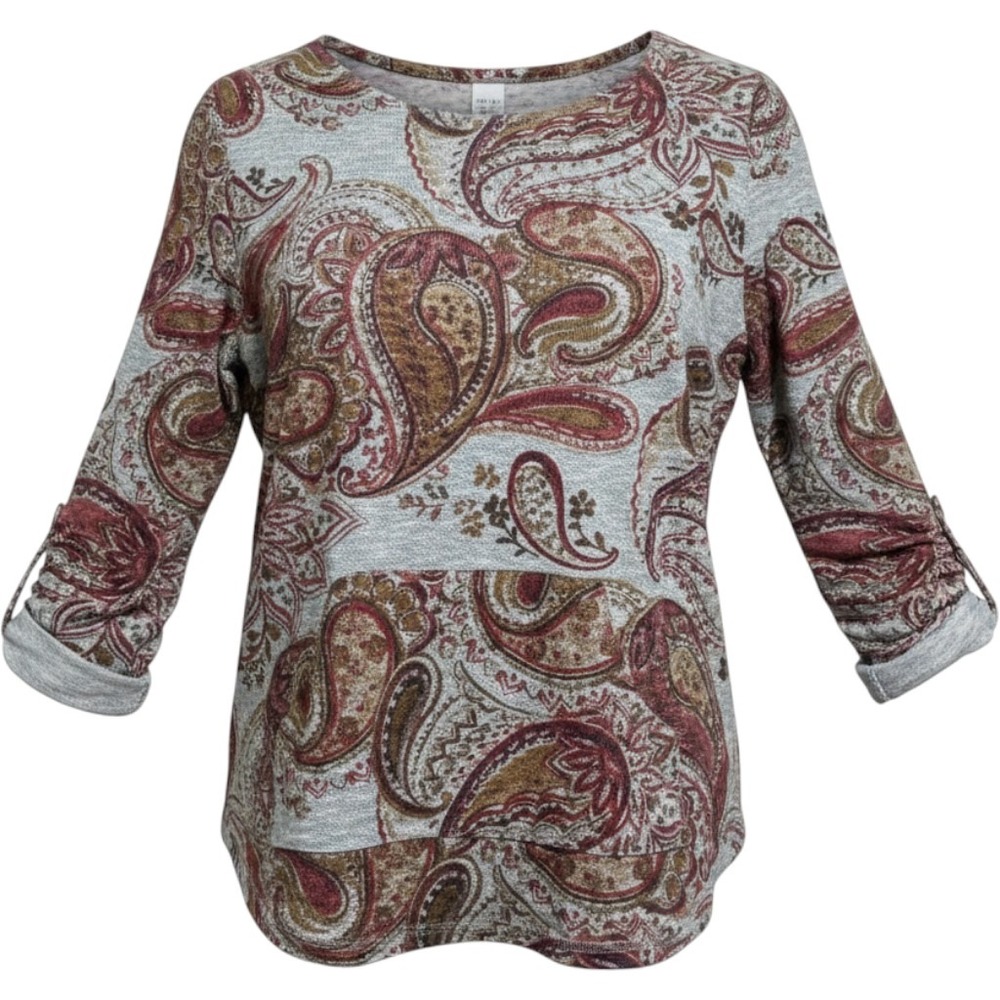 Paisley Print Roll-Sleeve Women's Top - Gray and Burgundy